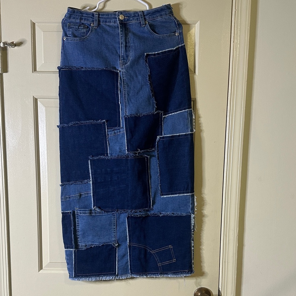 AKIRA Patchwork Denim Maxi Skirt - Blue